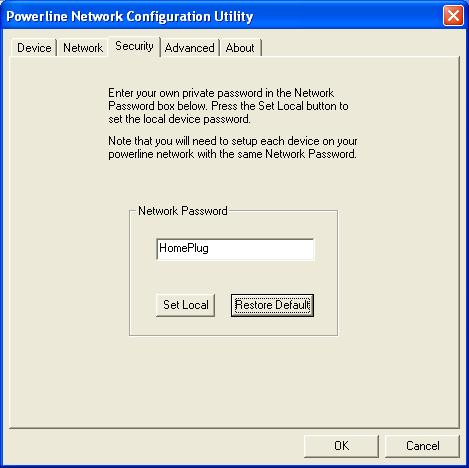 Security Tab By default, all powerline devices use HomePlug as a network password.