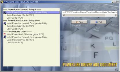 3. POWERLINE NETWORK CONFIGURATION UTILITY INSTALLATION Insert the Driver and Documentation CD in your CD-ROM drive.