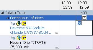 Charting IV Volumes Once a continuous IV or a medication drip has been scanned, the volume will default to I&O when the time column