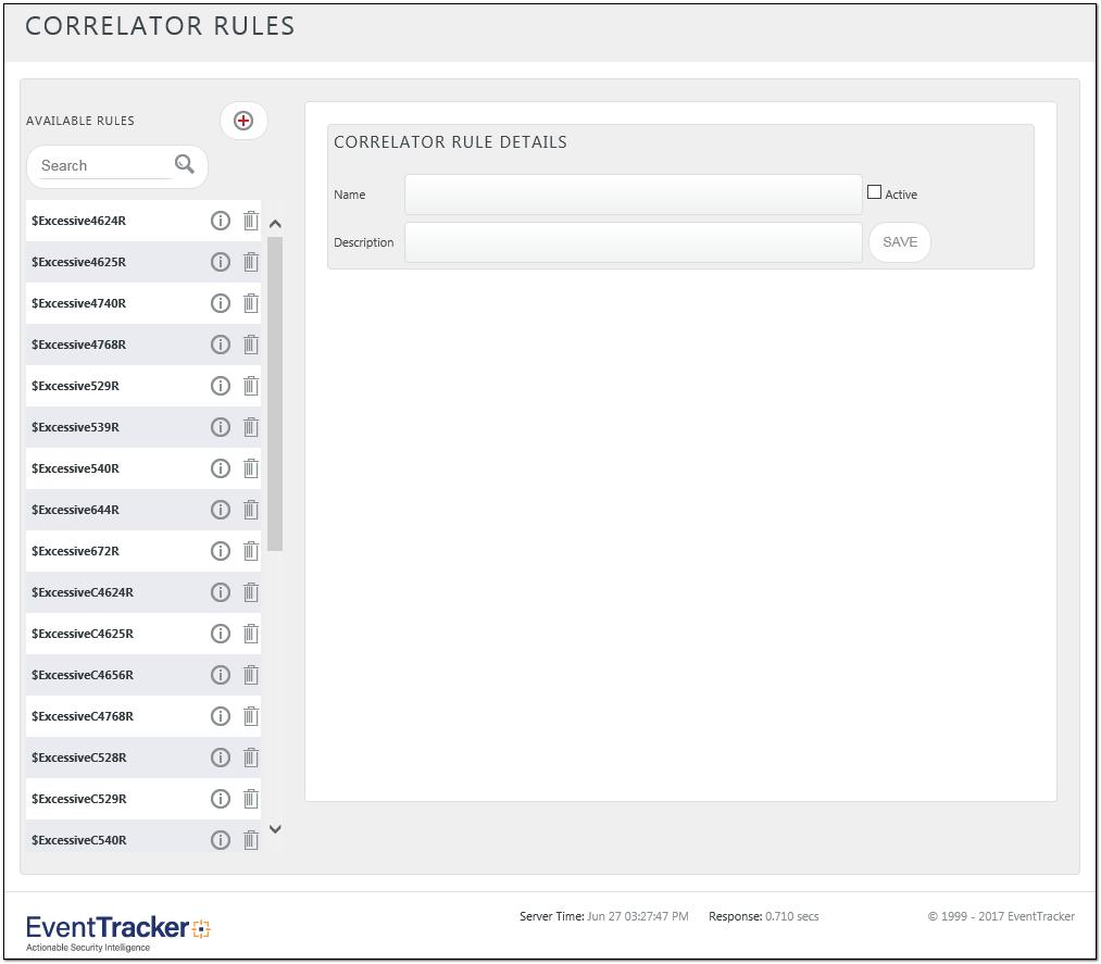 Figure 1 Left pane displays list of correlation rules available, and right pane displays a page to add new correlation rule or edit selected rule details.
