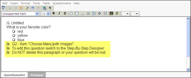 Note: The Choose Many with Image question type is available in the Step-by- Step questionnaire designer only.