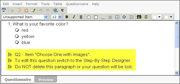 Note: The Choose One with Image question type is available in the Step-by-Step questionnaire designer only.