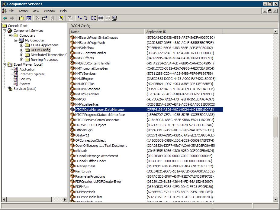Figure 16 Select the DCOM Config section in the Component Services viewer d.) Right-click on NTCIPDataManager.