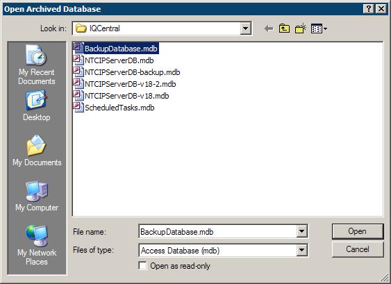 Figure 20 Selecting the database archive to restore 18. Click the Select All check box, and press 19. When the restoration is finished, Close the Archive and Restore module, and then close IQ Central.