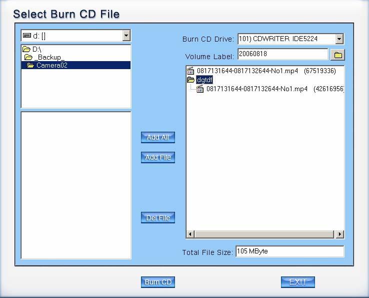 Press button to burn CD. 4 1 2 3 Area 1: File directory. Area 2: File list. Area 3: The File directory and list of will be burned to CD. Icon 4: Create a new directory in area 3.