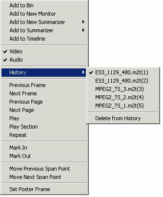 on the monitor. a) Click "V" on the history drop-down list at the upper part of the "Monitor" window and select the desired movie clip. Fig.