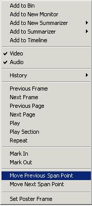 Fig. Moving to the edit point from the "Monitor" menu Using "Move to Previous Span" moves to an edit point before the current marker position.