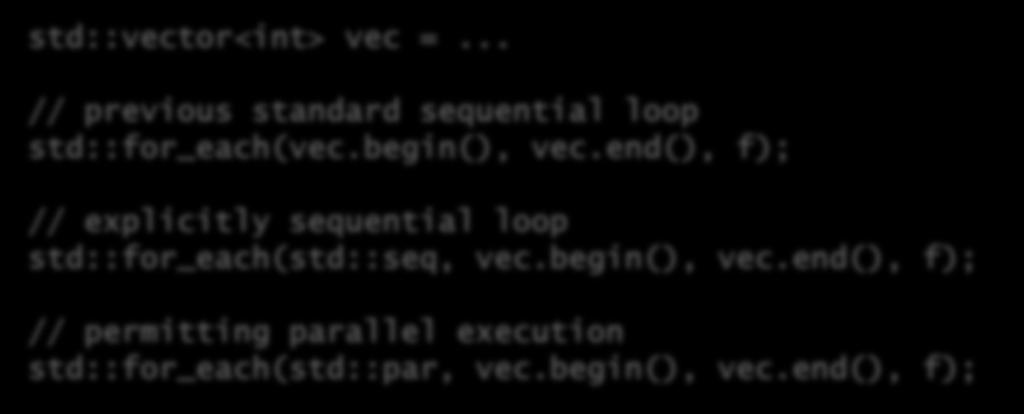 C++ PARALLEL ALGORITHMS LIBRARY PROGRESS std::vector<int> vec =... // previous standard sequential loop std::for_each(vec.begin(), vec.