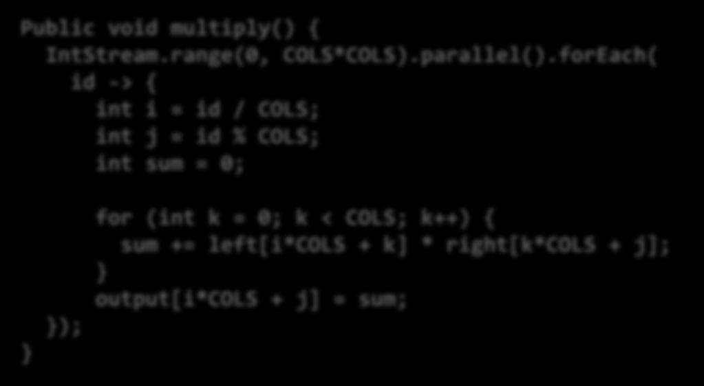 forEach( id -> { int i = id / COLS; int j = id % COLS; int sum = 0; } }); for (int k = 0; k < COLS;