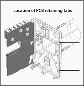 A) Installation (wall or within suspended ceiling): 1- Swing open the repeater PCB to the left by pressing the PCB locking tabs. 2- Pull cables 6 out of the wall.