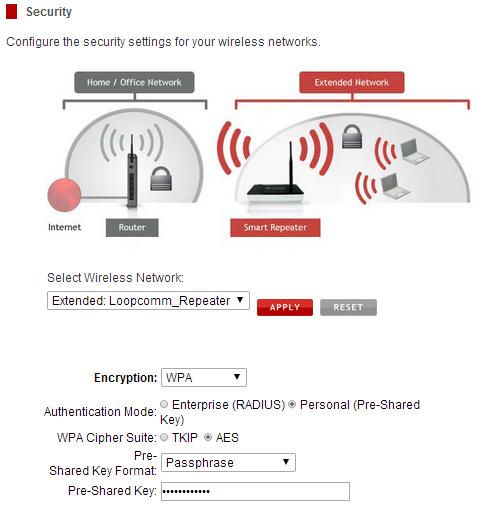 3.2.3 Security 1. Wireless security allows you to change the type of wireless security settings for your Extended Network or your Home Network.