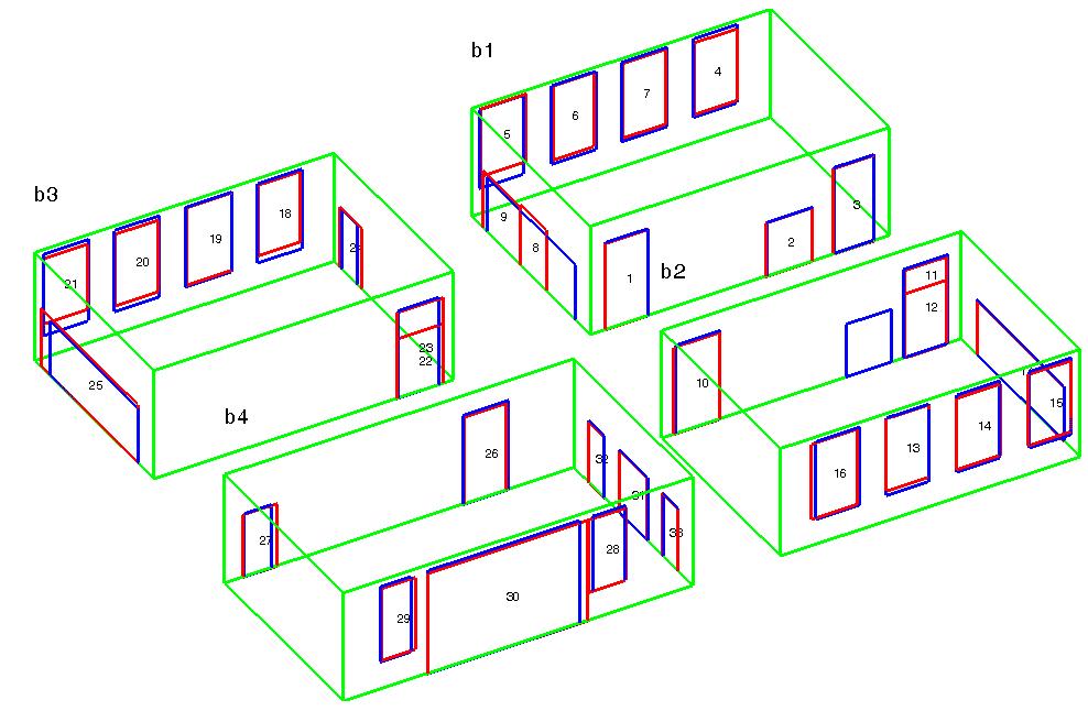 (a) (b) (c) (d) Figure 7. Detailed planar surface modeling results. (a-b) Reconstructed model of the facility cooresponding to the first floor (a) and second floor rooms (b).