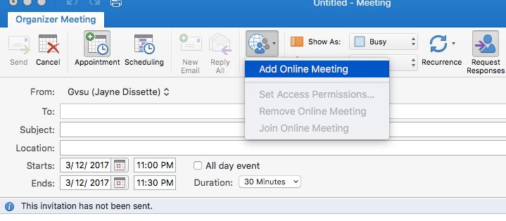 Click the dropdown arrow on the Online Meeting Button and select Add Online meeting. 3.