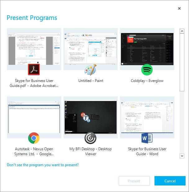 » Click Present Programs and double-click the program window you want to share (the program for sharing must already be open)» Click More to access other presentable content items such as Whiteboard