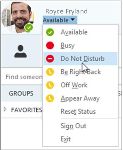 1.3. Skype for Business Presence Basics When you open the Skype for Business application in your desktop, you ll be presented with the default contacts and presence view.