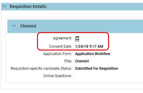 When you add these fields to a page layout or list view, the Consent Date will display the time and date when the job seeker agreed to the statement.