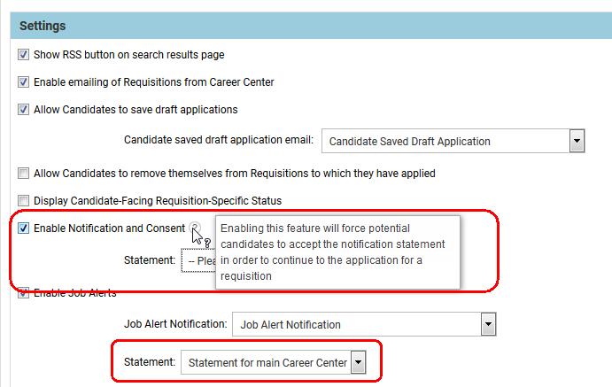 13. If you would also like a statement to be displayed when job seekers set up job alerts, choose a statement from the Statement drop down in the Job Alerts section.