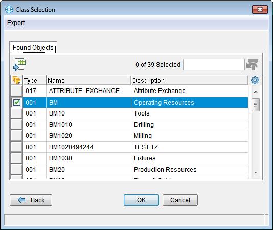 ECTR "Class Selection" dialog If the selected class classification parameters are stored, they can be