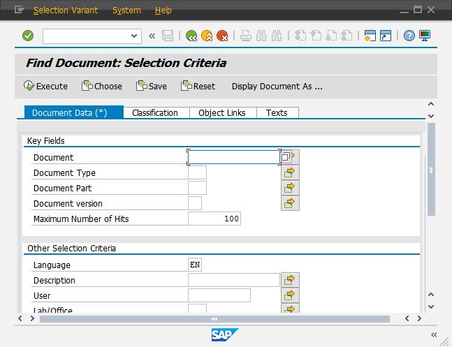 SAP GUI view "Find Document: Selection criteria" With the "Back" ( ), "Exit" ( ) and "Cancel" ( ) buttons the SAP view is closed and you are taken back to the ECTR- Document Search.