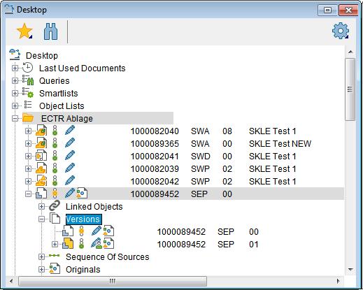 ECTR view "Desktop" with versions When a new version has been created successfully, the most recent changes are incorporated into this version, i.e., there is now a new document with the new version number, which contains these changes.
