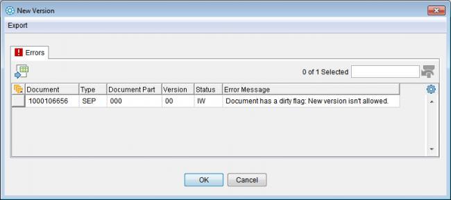 If there is an error during the process or a condition is violated, perhaps because the status of the previously applied version or the original document does not allow versioning, a dialog will