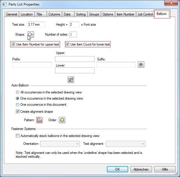 Solid Edge dialog for setting balloon properties Various settings for the options "Use Item Number for upper text" and "Use Item Count for lower text" (shown in red in the figure above) have the