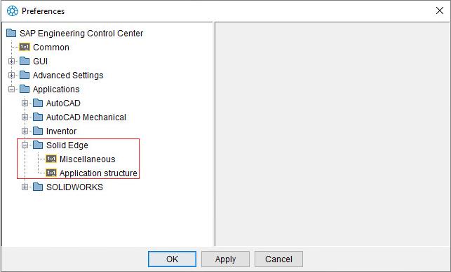5 Settings The user can configure the behavior of the SAP Engineering Control Center Interface to Solid Edge in line with his or her needs.