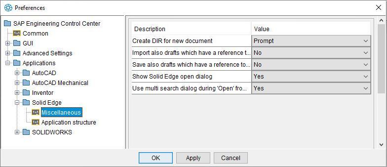 Solid Edge settings "Miscellaneous" The following options are available: Option Value Description Options under "Miscellaneous" Create DIR for new document Import also drafts which have a reference