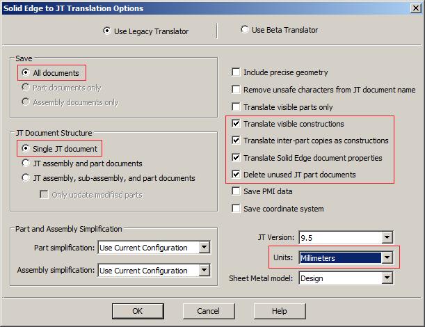 Solid Edge Dialog "Solid Edge to JT Translation Options" The options marked in red must be set exactly as shown in the figure; in particular, the parameter "Units" must absolutely be set to