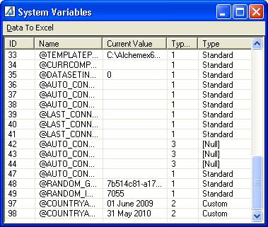@COUNTRYAFINYEAREND@=31 May 2010 5. The new variable will be added under the System Variables: Please note that because the System Variables are defined in the Alchemex.
