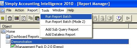 Running a batch report The Run Report Batch facility allows users to run a sequence of reports one after the other from top to bottom.