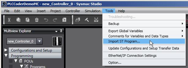 3 Select Import ST Program from the Tools Menu. 4 Select the PLCCoderDemoMC.