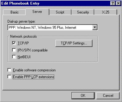 Whenever needed, you can use these dialog boxes to change the settings. The Dial-up server type is PPP: Windows NT, Windows 95 Plus, Internet. Choose TCP/IP to specify the allowed Network protocol.