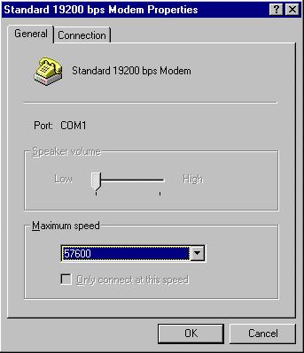 4.2 Configuring the modem driver To configure the modem driver, select the baud rate from the Maximum speed pull down menu (recommended: 57600) and choose