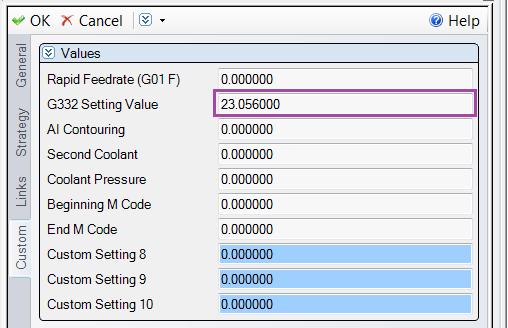 Here is a table defining the mapping. G332 Setting Value Cutting Mode G332 R1 1 G332 R2 2 G332 R3 3 G332 R4 4 G332 T.001-.999 G332 T A 1.001-200.