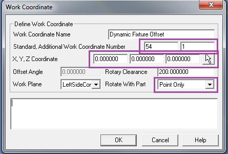 Standard is set to 0 and Additional Work Coordinate Number is set to the P value. XYZ is the location of the Work Coordinate in the file relative to the Work Plane.