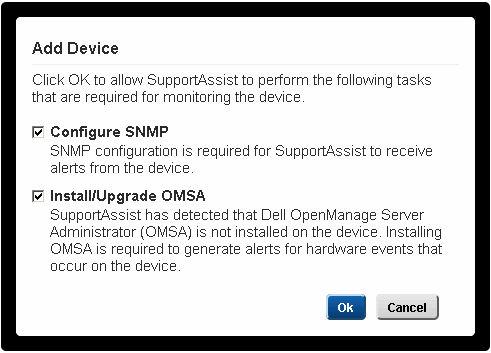 Figure 5. Add device tasks If SupportAssist can configure the SNMP settings of the device, the Configure SNMP option is automatically selected in the Add Device window.
