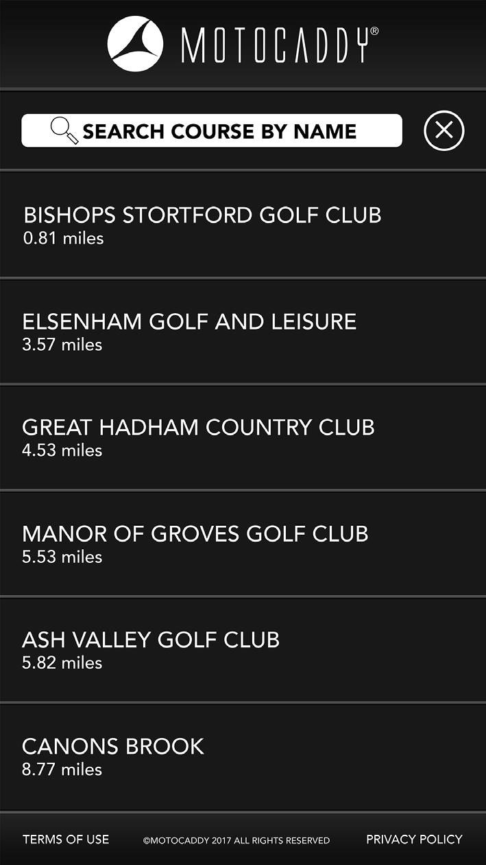 Golf Mode Overview Select Course Select Course After selecting Play Golf, the app will display a list of nearby courses, with the closest course at the top of the