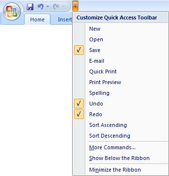 Exploring the Interface The Customise Quick Access Toolbar Menu The Customise Quick Access Toolbar Menu (Excel 2007) (Excel 2010) 1. Click the Customize Quick Access Toolbar drop-down arrow. 2. Click an unticked item to display it in the toolbar.