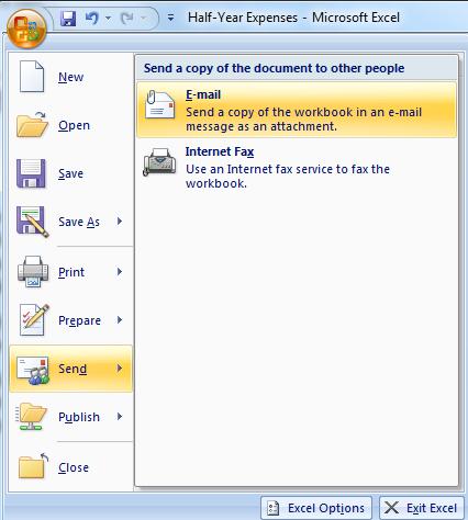 Printing Excel 2007 Excel 2010 Excel 2007 Excel 2010 Click the Office Button. Hover the mouse pointer over the Send command Select E-mail.