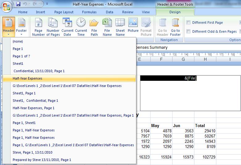 Page Setup Excel has several built-in headers and footers from which you can choose. These standard options include the sheet name, date, time, page number, file name, and author s name.