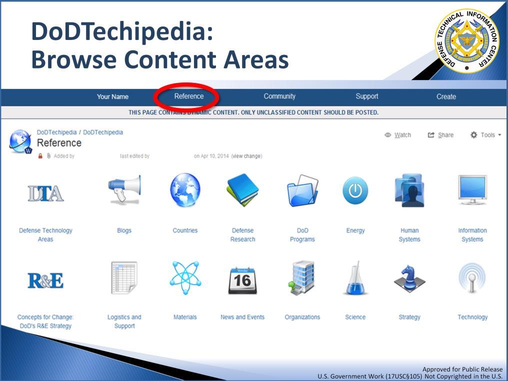On the Reference page, each content area is represented by a graphic (icon) illustrating the main subjects in DoDTechipedia Content in DoDTechipedia is