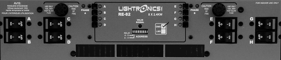 Page 2 of 8 RE-82 CONTROL PANEL DESCRIPTION The RE-82 is an 8 channel dimmer with a maximum capacity of 2,400 watts per channel giving a total of 19,200 watts.