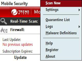 Trend Micro Mobile Security for Microsoft Windows Mobile, Smartphone/Standard Edition User s Guide 3 Getting Started with Trend Micro Mobile Security Menu Items The main screen menu lets you access