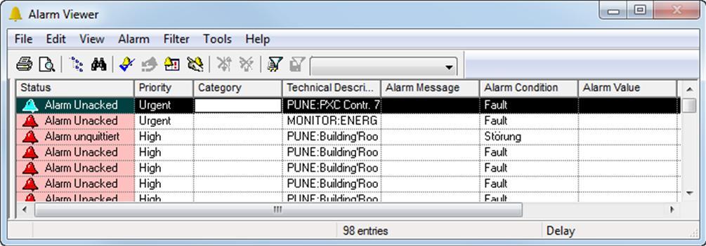 Alarm interactions from Alarm Viewer You can also acknowledge or reset alarms from Alarm Viewer as shown below: Note You cannot reset an alarm if the condition causing the alarm is still active.