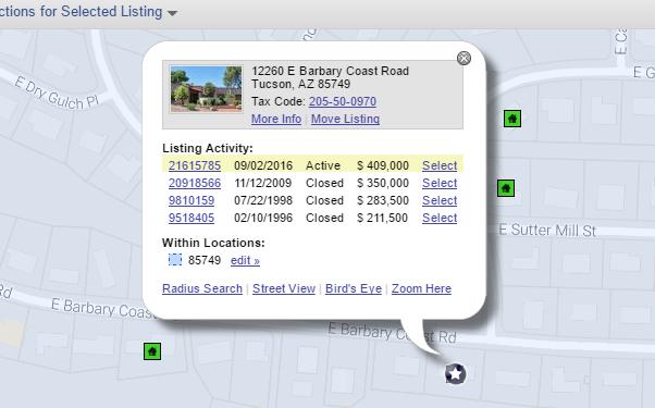 Map Search The Map Search can The Star is the property you have highlighted on your list. Click on it and receive the above choices.