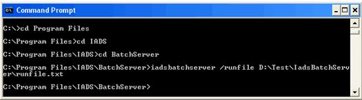 IADS Batch Server To execute a run file or command from the Command Prompt Commands on the application command line have a "/" to designate the command, and the arguments separated by spaces; or use