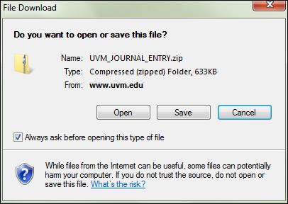 2. A window similar to the following may appear: 3. Click Save As or Save and save the.zip file to your desktop, your My Documents, or any desired location designated for your individual use.