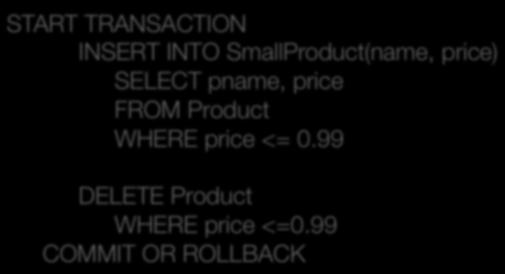 Recovery: Protection START TRANSACTION INSERT INTO SmallProduct(name, price)" SELECT pname, price" FROM Product