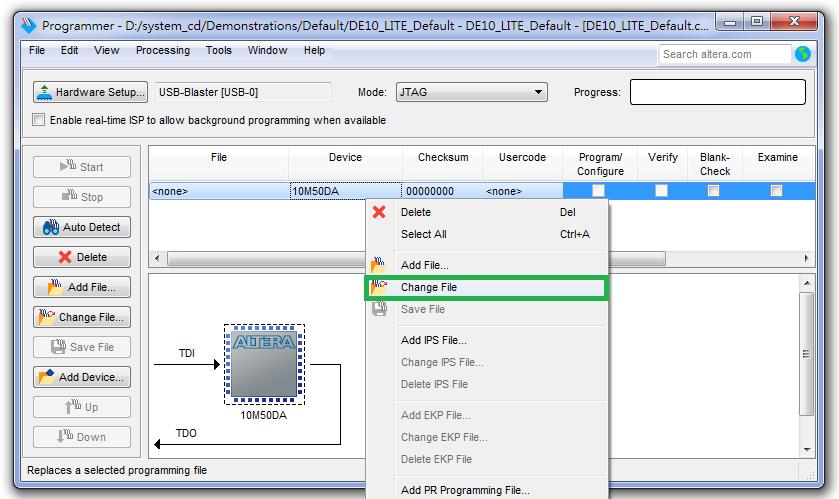 7. Right click on the FPGA device and click Change File to open the.